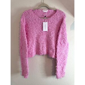 NEW Mandy Shaggy Chic Loose Fit Cropped Baby Pink Sweater Lovers + Friends Small